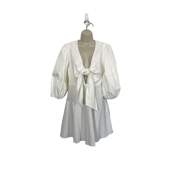 Ted Baker Askas Seersucker Smocked Tie Front Dress 8 White Cocktail Party $285 - Picture 4 of 11